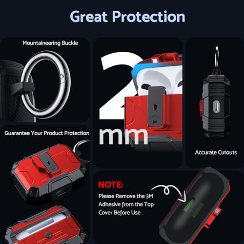 DASFOND Armor Cover AirPods 3 Generation Case, Military Grade Full Body Shockproof Protection Hard Case, Support Wireless Charging with Keychain, Magnetic Lid, Front LED Visible, Red