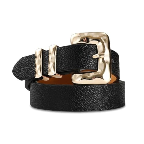 Women Black Skinny Belt With Gold Square Buckle Casual Fashion Belts for Jeans Dresses