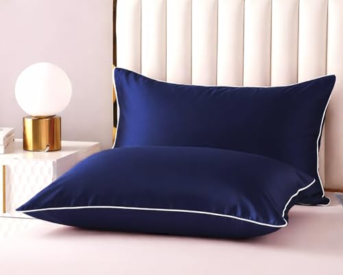 Image of BSB HOME Luxury Satin Silk Pillow Cover | 300 TC Ultra-Smooth Silky Finish | Premium Home Bedding Pillowcase | Soft, Glossy & Skin-Friendly Fabric | 18 x 28 Inches (Classic Navy)