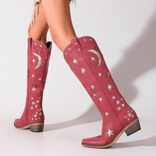 Knee High Cowgirl Boots with Stars Inlay Chunky Block Heels and Snip Toe Trend Shoes Stylish Embroidery Western Boots Cute Cowboy Boots For Ladies Casual Dressy Party3