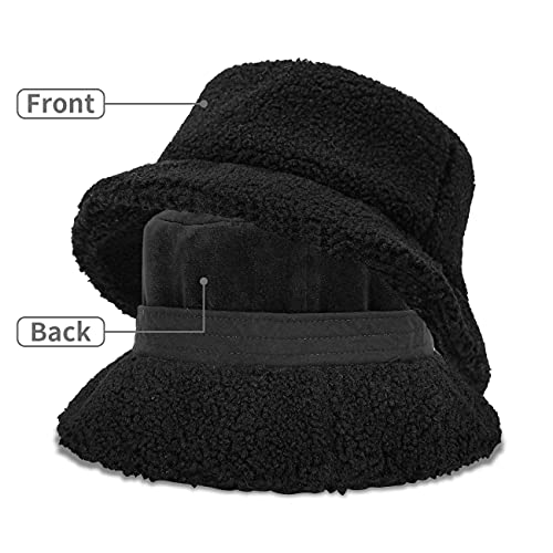 Guangu Fuzzy Bucket Hat Furry Winter Fluffy Fisherman Cap Teddy Warm Windproof Faux Fur Bucket Hat For Women Black #TOP6