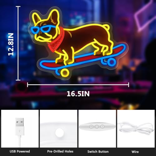 Image of French Bulldog Skateboarding Neon Sign, Skateboard Dog Frenchie Wearing Glasses Neon Signs | Dimmable LED Bulldog Wall Art Decor | Frenchie Dog Lover Gifts