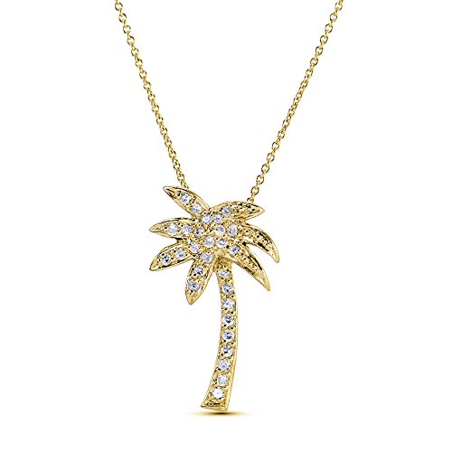 Yellow Gold Flashed Cubic Zirconia Palm Tree Necklace with 18 inch chain