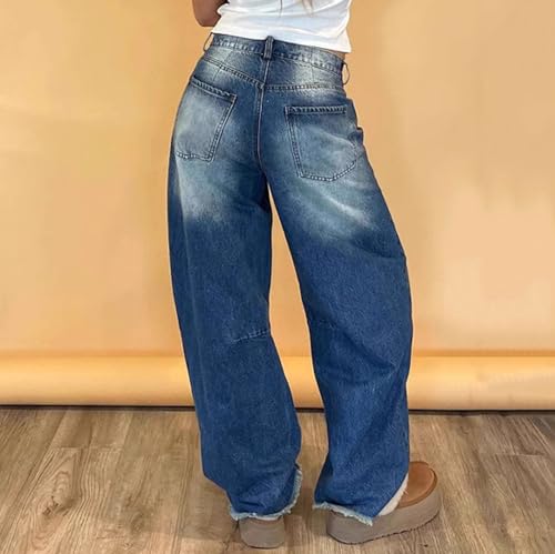 Viatabuna Wide Leg Jeans for Women Mid Waist Baggy Straight Leg Denim Washed Pants Raw Hem Y2k Loose Boyfriend Jeans2
