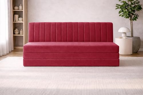 Image of Rosebell -3 Seater Upholstered Armless Sofa Cum Bed with Backrest | Soft Velvet Fabric Finish | Modern Living Room & Bedroom -Red