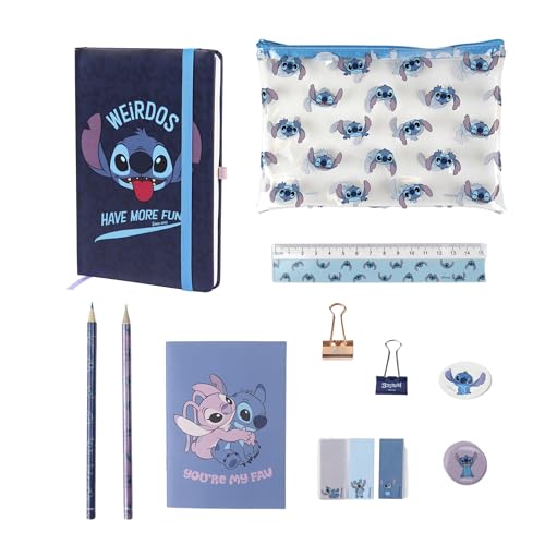 Disney Stitch Set de Papelería, Incluye Lápiz, Regla, Borrador, Sacapuntas, Cuaderno A6 y A5, Notas Adhesivas, Clips, Lápiz de Color, Estuche Set Escolar para Niños