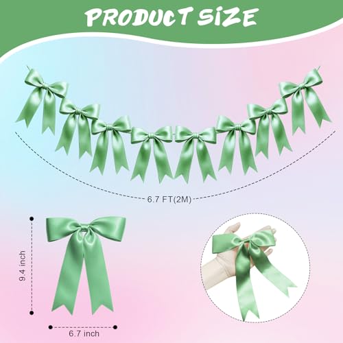 Image of 2 Strings of 16PCS Sage Green Bow Garlands Banner Decoration,Pre-Strung Satin Ribbon Ornaments for Birthday,Bachelorette Party,Bridal Shower,Wedding,Engagement,Baby Shower,Graduation Decor,Anniversary
