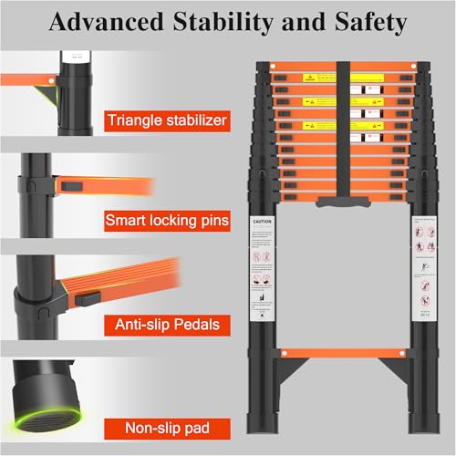 Image of Telescoping Ladder, 16.5 FT 330 Lbs Aluminum Extension Ladder, Black Orange | Telescopic, Collapsible & Adjustable, Compact Retractable Ladder for House, Roof, RV & Travel Trailer