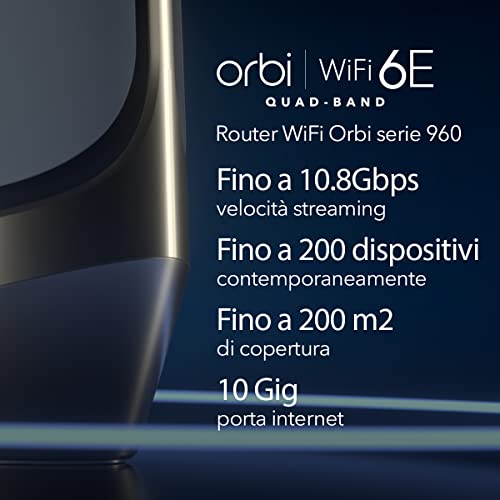 Orbi WiFi 6E Mesh (RBRE960) - Sistema Quad-Band con Router WiFi 6E, Copre 225 m² e 200 dispositivi Velocità Ultra Veloce da 10,8 Gb/s (AXE11000) Installazione Ultra Semplice - Router - Immagine 1