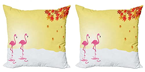 Ambesonne Fun Flamingo Throw Pillow Cushion Cover Pack of 2, Birds Standing on 1 Leg in The Water Autumn Illustration, Zippered Double-Side Digital Print Decor, 16", Pastel Yellow Pale Blue