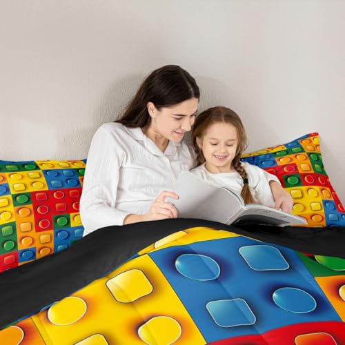 Image of Feelyou Toddler Building Blocks Comforter Set King Size Kids Toy Brick Comforter for Boys Teens Games Bedding Set Breathable Colorful Duvet Set Room Decor Quilt Set