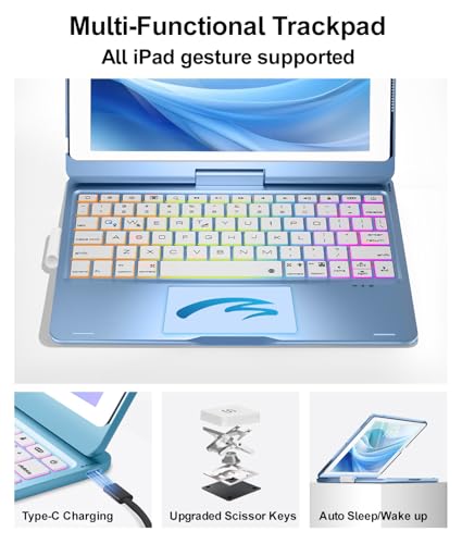 Image of Baisla iPad 9th Generation Case with Keyboard 10.2 inch (2021), 360 Rotatable with Trackpad & Rainbow Backlit, iPad Keyboard case for 9th /8th /7th, iPad Air 3, iPad Pro 10.5 (Sky Blue)
