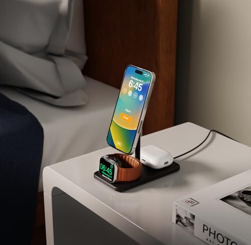 Image of Twelve South HiRise 3 Deluxe Twelve South 3-in-1 MagSafe + Qi2 Charging Stand for iPhone, Watch, and AirPods, White