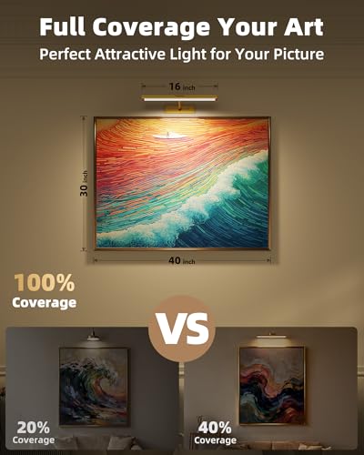 EZVALO Picture Light for Wall, 4800mAh Rechargeable Wireless Lights, 16'' Dimmable IR Remote Magnetic LED Art Painting Light with 3 Color Temps, Display for Gallery, Living Room, Bedroom(Gold)
