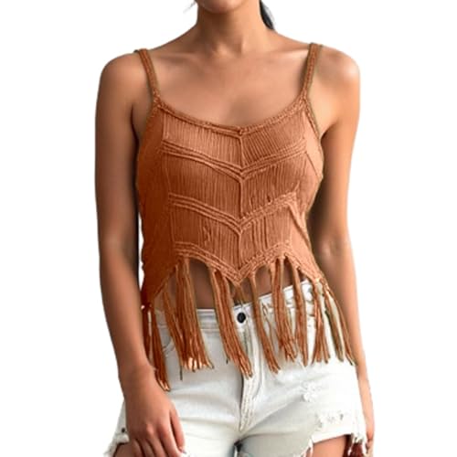 Generisch 2026 Jersey de punto para mujer con flecos cortes elegantes y cómodos para el, marrón, S