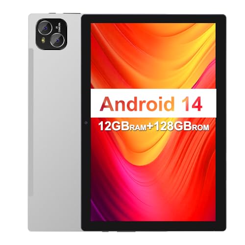 Image of Tablet, 10 inch Android 14 Tablet, Octa-Core Processor, 12GB RAM + 128GB ROM, 1280x800 HD IPS Touchscreen, 6000mAh Battery, 2.4G /5G WiFi 6, BT 5.4, Dual Camera, Metal Body, Sliver