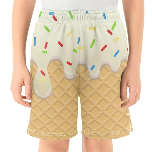 Ice Cream Texture Athletic Shorts with Zipper Pockets, Youth Boys Athletic Running Shorts for Summer2