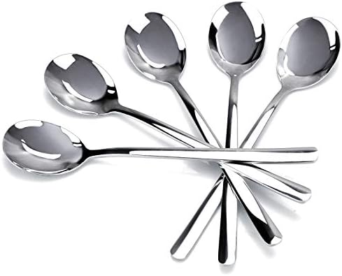 Premium Soup Spoons, 5 Pack 18/10 Stainless Steel Fashion Large and Heavy Round Spoons, 8 Inch Long Handle Round Spoons, Suit for any Dinner, Families, Cafe. Dishwasher Safe Spoons by Flying Leaves