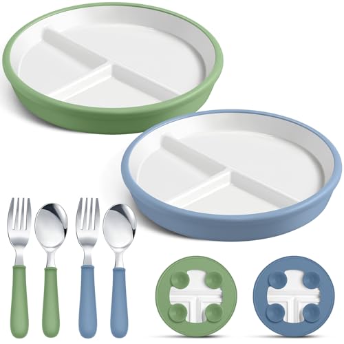 Image of Teenyyou 2 Pack 8" Large Porcelain Toddler Plates Feeding Set, Ceramic Kids Suction Plates with Anti Slip Silicone Sleeve for Baby 3 Spoons and Forks Divided Kids (Blue,Green)