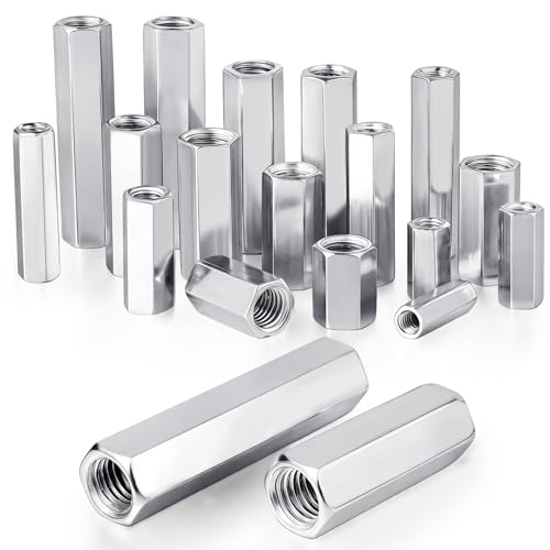Dshunnc 16 tuercas largas M12 x 40 mm, manguito roscado de acero al carbono, tuercas hexagonales, tuercas de conexión galvanizadas, ideales para montaje de muebles, ingeniería, impresora 3D y