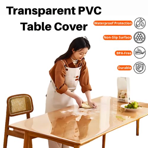 Image of Sleep Nature's Transparent PVC Table Cover - Clear Waterproof Table Protector for 4 & 6 Seater Dining Table, Office Desk, Thick Heavy Duty Tablecloth, Spill-Proof, Easy to Clean 2 MM 30x54 inch