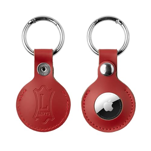 Levy's Leathers Genuine Leather AirTag Holder Keychain Compatiable with All Air Tags with Secure Button Closure, Red (A66AIR-RED)