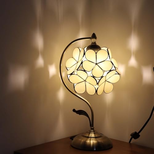 Bieye L10754 Tiffany Style Stained Glass Flower Petal Table Lamp with Brass Base for Home Décor (Cream, 8" Cherry Blossom) by Bieye - Image 2