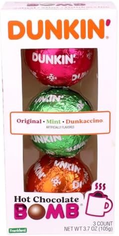 Frankford Dunkin' Holiday Hot Chocolate BOMB Set with Original, Mint, and Dunkaccino Flavored Melting Cocoa Balls with Marshmallows, 3 Count