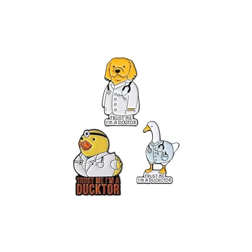 Funny Pun Animal Doctor Enamel Pins Set of 3 - Dogtor Ducktor Cartoon Brooches, Novelty Gift for Medical Professionals, Zinc Alloy Badges for Backpacks Jackets