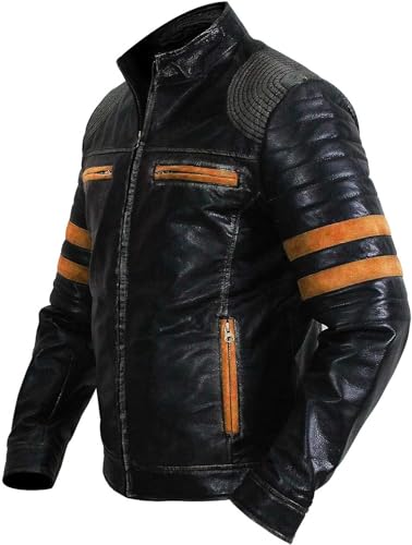 Image of Men's Leather Jacket Cafe Racer Biker Style Retro Stripes, Motorcycle Racing Leather Jacket Men (US, Alpha, Medium, Regular, Regular, S29) Retro Orange Stripes Distressed Black Jacket