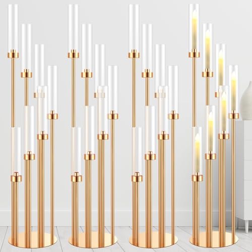 【I centrotavola dorati per la tavola mostrano un aspetto elegante e sorprendente, ricco di design. Il paralume in acrilico trasparente, con una texture simile al vetro, completa splendidamente la morbida luce delle candele. Se si utilizzano candele vere, assicurarsi di rimuovere il paralume in acrilico.