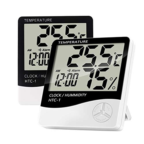 Jsdoin Termómetro digital LCD para interiores, 2 unidades de higrómetro, medidor preciso de temperatura ambiente, monitor de humedad con reloj despertador para dormitorio,cocina, casa verde, etc.