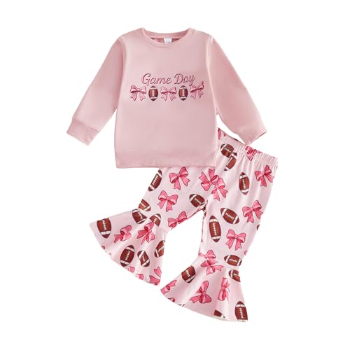Image of Toddler Baby Girls Football Outfit Crew Neck Long Sleeve Rugby Bow Print Sweatshirt Elastic Waist Pants 2Pcs