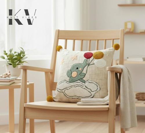 Image of Cotton Fabric Embroidered Kids Cushion Cover Covers for Sofa Set /Diwan Beds 16 x 16 Inches or 40x40 cms Elephant Cushion, Sofa Throw Pillow Cover Only, Set of 1 Pc