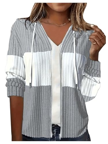 Verdusa Women's Striped Color Block Jacket Zip Up Long Sleeve Ribbed Knit Drawstring Hoodies