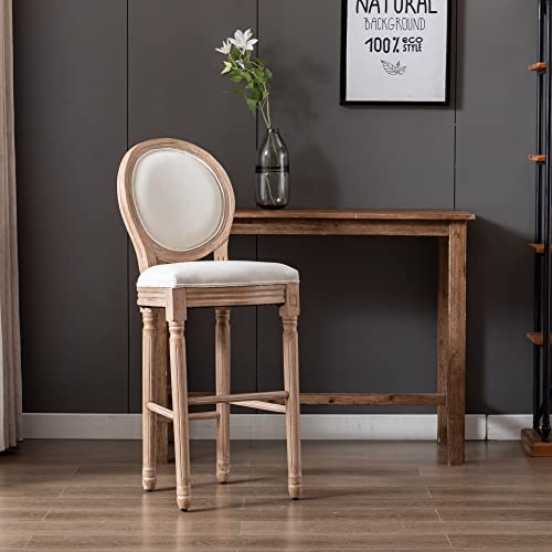 Abet Bar Stools Set Of 2, Seat Height 30-Inch French Country Barstools, Vintage Round Back Bar Height Wooden Chairs With Soft Linen Cushions And Solid Wood Frame, Beige And Natural #TOP6