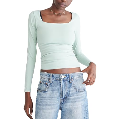 AEROPOSTALE Women's Seriously Soft Sculpt Square Neck Long Sleeve Top, Blue Haze