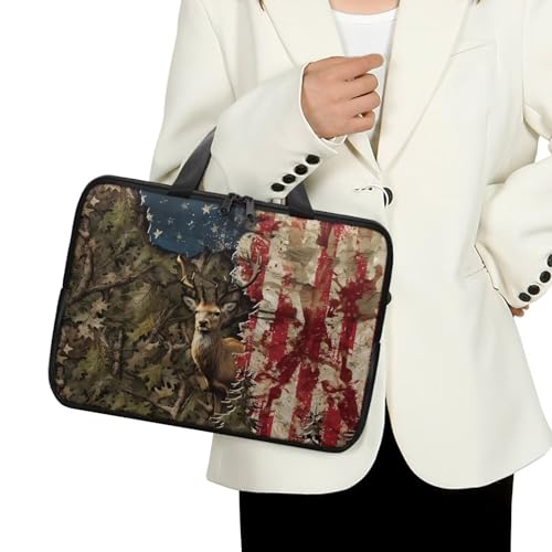 Laptop Bag for Women Men Casual Carrying Bag Durable and Waterproof Briefcase Computer Case with Zipper and Handle Business Office Work Bag, Forest Camo American Flag Deer Print, 17 inch3