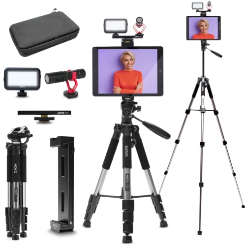 Image of Movo Tablet Vlogging Kit for iPad Pro, Air, Mini & Android Tablets – Full-Size Tripod, Mic, LED Light & Tablet Mount – YouTube Starter Kit for Content Creators