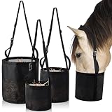 Locmeo 3 Pcs Horse Feed Bag Heavy Duty Mesh Horse Feeder Breathable Grain Bag Mesh Horse Feed Bucket with Adjustable Strap and Waterproof Bottom, Black, 3 Size