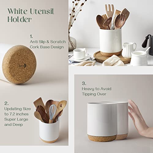 Dowan Kitchen Utensil Holder, 7.2″ Extra Large Stable Utensil Crock, Thicken Recycled Cork Mat, Simple Design Utensil Holder, Kitchen Decor, White Utensil Holder For Christmas Decor #TOP1