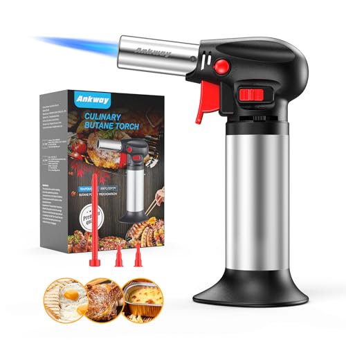Ankway Soplete de Cocina, Soplete Recargable con Bloqueo de Seguridad y Bloqueo de Llama Continuo para Comida BBQ, Horneado, Brulée Crema, Cámping, DIY, Plata(Butano no Incluido)