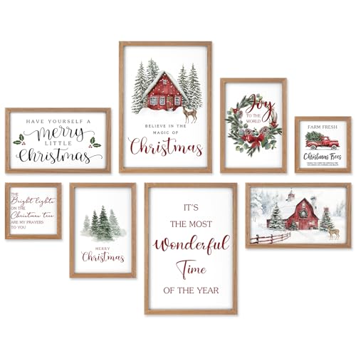 Image of Faccito 8 Set Christmas Decor for Office Merry Christmas Snow Wall Decoration for Office Snow and Tree Wooden Framed Art Decor Large Winter Decoration for Home Work Classroom Cubicl