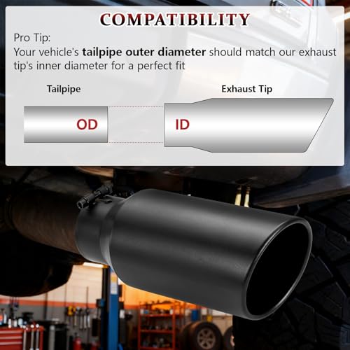 Image of Exhaust Tip 4 inch Inlet 6 inch Outlet 12 inch Long, High Performance Stainless Steel, Peel-Resistant Black Powder Coated, Rolled Angle Cut, Bolt-On Diesel Tail Pipe, Universal for Car Truck