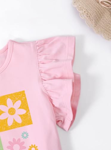 Image of Girls' Summer Shirts Flower Graphic Tees Ruffle Sleeve Crew Neck Casual Cute Tops Pink 11-12Y
