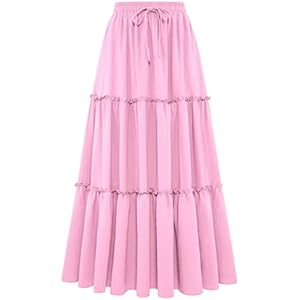 Arolina Women's Summer Maxi Skirt Trendy High Waist Pleated Ruffle Long Skirts Flowy Beach Boho Skirt Dress with Pockets Light Pink Large