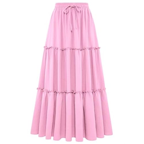 Arolina Women's Summer Maxi Skirt Trendy High Waist Pleated Ruffle Long Skirts Flowy Beach Boho Skirt Dress with Pockets Light Pink Large