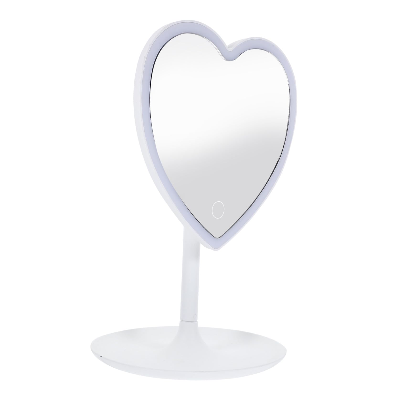 Miroir en aluminium de cœur LED à éclairage intelligent blanc et support de table ABS