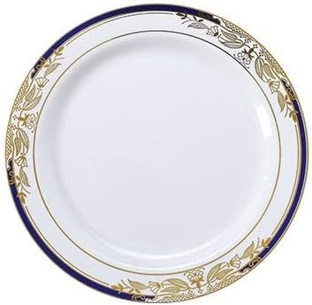 Elegant China-Look Re-usable Plastic Plates - 7.5" (19cm) - White/Gold/Cobalt Blue - Pack of 10