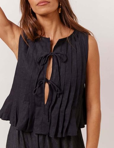 Zontroldy Women's Linen Tie Front Shirts Sleeveless Y2K Babydoll Ruffle Tank Top Aesthetic Clothes2